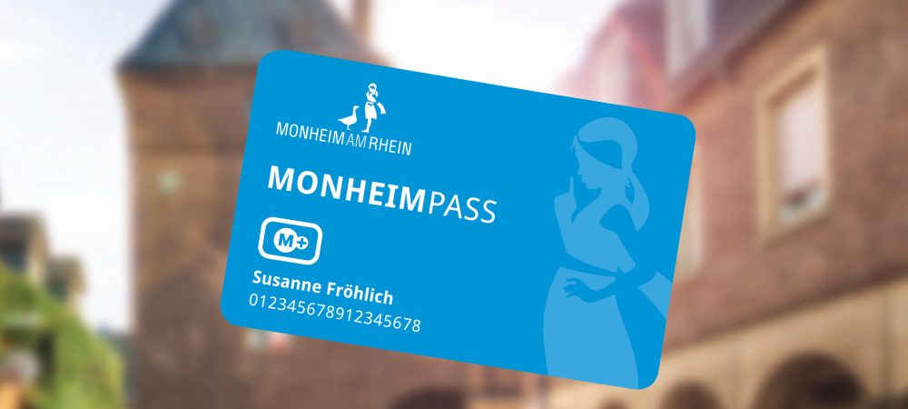 Abbildung vom Monheim-Pass. Er bietet u.a. kostenlosen ÖPNV und bequeme Nutzung der Bürgerbeteiligungsangebote in Monheim.