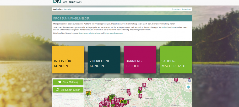 Screenshot der neu gestalteten Website mängelmelder.de. Das Portal wird seit Jahren erfolgreich von Bürgern und Kommunen für das Anliegenmanagement genutzt.