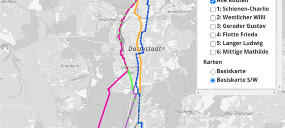 Screenshot der interaktiven Karte mit den ROutenvorschlägen für eine Radschnellverbindung durch Darmstadt. Dazu läuft bis 16. September 2020 eine Online-Beteiligung auf der Beteiligungsplattform der Stadt Darmstadt.