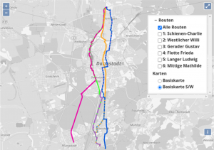 Screenshot der interaktiven Karte mit den ROutenvorschlägen für eine Radschnellverbindung durch Darmstadt. Dazu läuft bis 16. September 2020 eine Online-Beteiligung auf der Beteiligungsplattform der Stadt Darmstadt.
