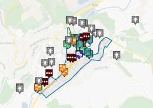 Anliegenkarte der Gemeinde Ortenberg im Oberen Niddertal. Auf dieser Karte konnten im Rahmen einer Online-Beteiligung zur Zukunft des Oberen Niddertals Ideen für Gemeinde und Region eingetragen werden.