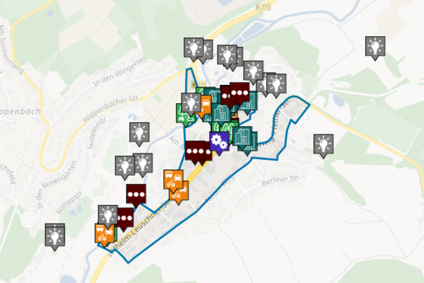 Anliegenkarte der Gemeinde Ortenberg im Oberen Niddertal. Auf dieser Karte konnten im Rahmen einer Online-Beteiligung zur Zukunft des Oberen Niddertals Ideen für Gemeinde und Region eingetragen werden.