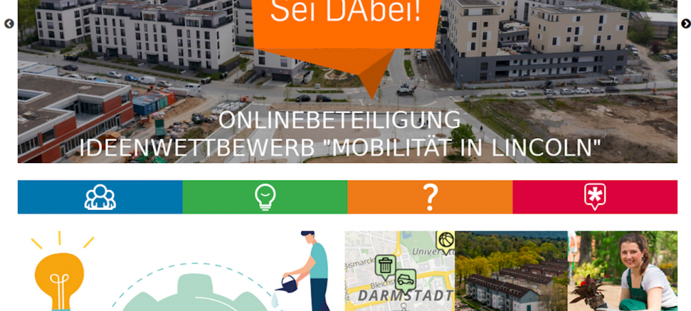 Screenshot Bürgerbeteiligungsportal da-bei.darmstadt.de. Dort findet der Online-Ideenwettbewerb "Mobilität in Lincoln" statt. Dabei werden Ideen für klimafreundliche Mobilität im Quartier gesucht.