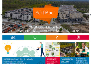 Screenshot Bürgerbeteiligungsportal da-bei.darmstadt.de. Dort findet der Online-Ideenwettbewerb "Mobilität in Lincoln" statt. Dabei werden Ideen für klimafreundliche Mobilität im Quartier gesucht.