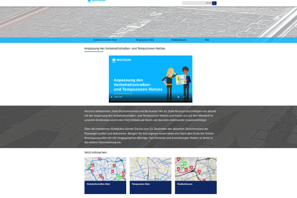 In Bochum findet bis 23.12.22 eine Online-Beteiligung zum Straßennetz statt - in Form eines Crowdmappings. Das Bild zeigt die Startseite der Online-Beteiligung.