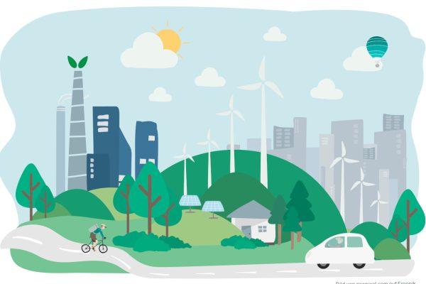 Illustration einer Stadt mit Windrädern, Bäumen, Radfahrer - Beitragsbild zur Klimaschutz-Umfrage bzw. dem Klimaschutz-Monitor im Landkreis Cloppenburg