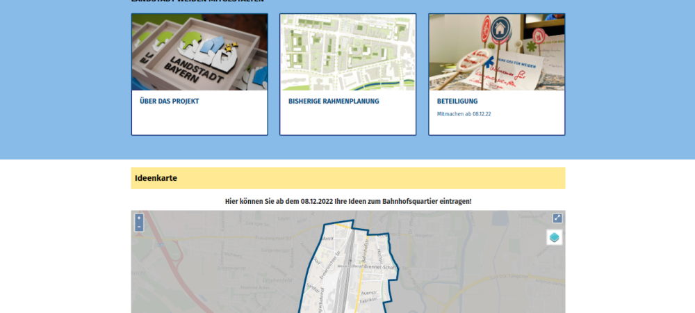 Screenshot der neuen Beteiligungsplattform der Stadt Weiden in der Oberpfalz. Die Plattform https://landstadt-weiden-mitgestalten.de/ wurde in Zusammenarbeit mit der wer denkt was GmbH konzipiert und entwickelt.