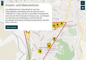 Screenshot der kartenbasierten Online-Beteiligung zur Innenstadtgestaltung in Homberg (Ohm), Ansicht der eingereichten Idee für ein neues Kreativ- und Ideenzentrum.