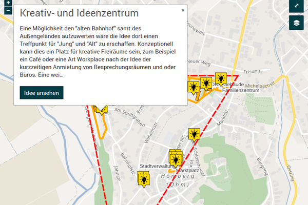 Screenshot der kartenbasierten Online-Beteiligung zur Innenstadtgestaltung in Homberg (Ohm), Ansicht der eingereichten Idee für ein neues Kreativ- und Ideenzentrum.