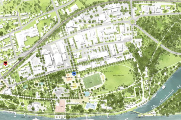Ansicht des Entwurfs für die Grün- und Freizeitanlage am Rhein. Zu diesem Plan können die Menschen in Rüdesheim bei der Online-Beteiligung zum Grünflächenkonzept ihre Anmerkungen und Ideen eingeben.