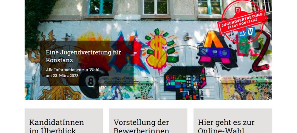 Screenshot der Website der Stadt Konstanz. Dort findet mit einem Online-Tool von wer|denkt|was bis 23.3.23 die digitale Abstimmung zur Jugendvertretung in Konstanz statt.