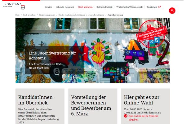 Screenshot der Website der Stadt Konstanz. Dort findet mit einem Online-Tool von wer|denkt|was bis 23.3.23 die digitale Abstimmung zur Jugendvertretung in Konstanz statt.