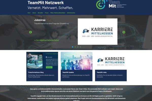 Screenshot der neuen Kommunikationsplattform vom TeamMIT Netzwerk. Die Plattform wurde von der wer denkt was GmbH entwickelt. Sie soll die Zusammenarbeit von Unternehmen, Institutionen und regionale Akteuren der Automobilbranche in Mittelhessen fördern.