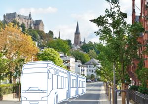 Grafik vom geplanten Batterie-Oberleitungsbus in Marburg. Dazu führt die Universitätsstadt bis 7. Juni 2023 eine Öffentlichkeitsbeteiligung durch.