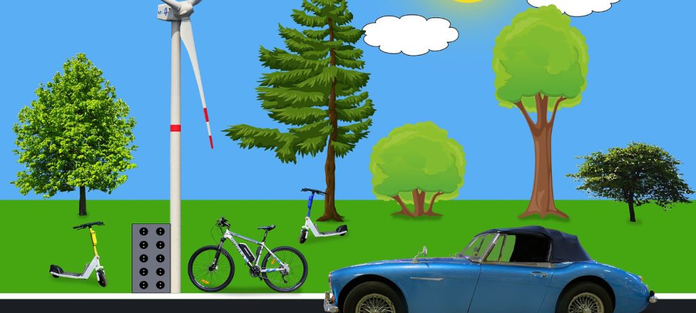 Grafik von Auto, Fahrrad und E-Scooter vor Wiese und Windrad; Symbolbild für nachhaltige Mobilität; Beitragsbild zur Mobilitätsbefragung und Modal Split-Erhebung in Friedrichshafen
