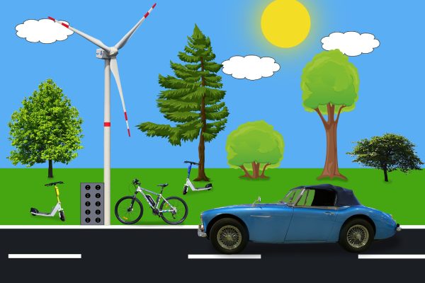Grafik von Auto, Fahrrad und E-Scooter vor Wiese und Windrad; Symbolbild für nachhaltige Mobilität; Beitragsbild zur Mobilitätsbefragung und Modal Split-Erhebung in Friedrichshafen