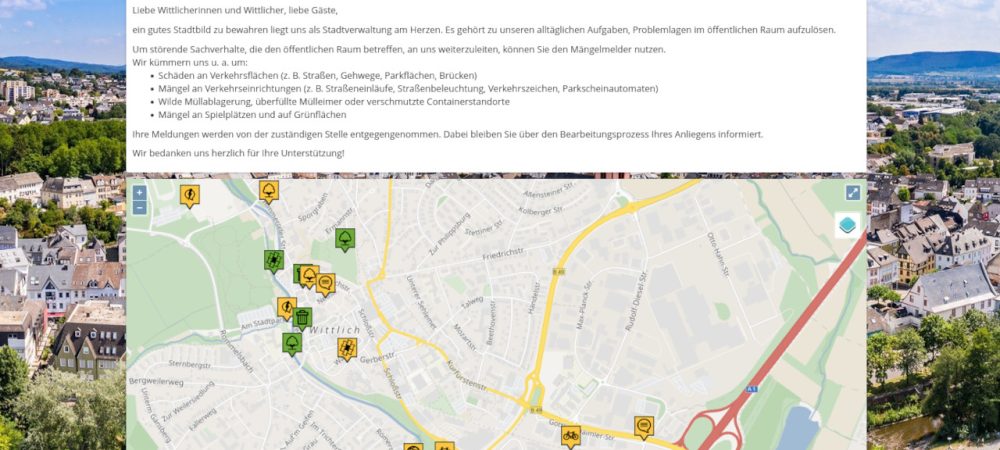 Screenshot der Website vom Mängelmelder in Wittlich. Nach erfolgreicher Testphase setzt die Stadt nun dauerhaft auf das Anliegenmanagementsystem der wer denkt was GmbH.