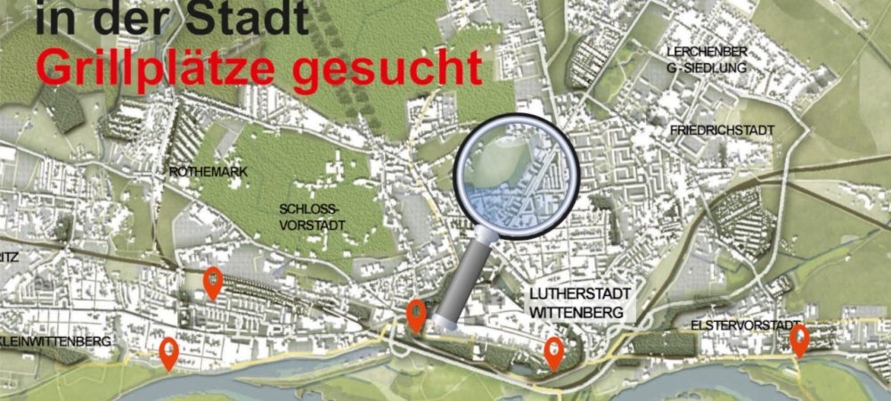Digitale Landkarte von der Lutherstadt Wittenberg. Wittenberg führt bis zum 19.9.23 in Kooperation mit wer»denkt|was eine Umfrage zum Grillen und zu öffentlichen Grillplätzen durch.