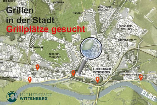 Digitale Landkarte von der Lutherstadt Wittenberg. Wittenberg führt bis zum 19.9.23 in Kooperation mit wer»denkt|was eine Umfrage zum Grillen und zu öffentlichen Grillplätzen durch.