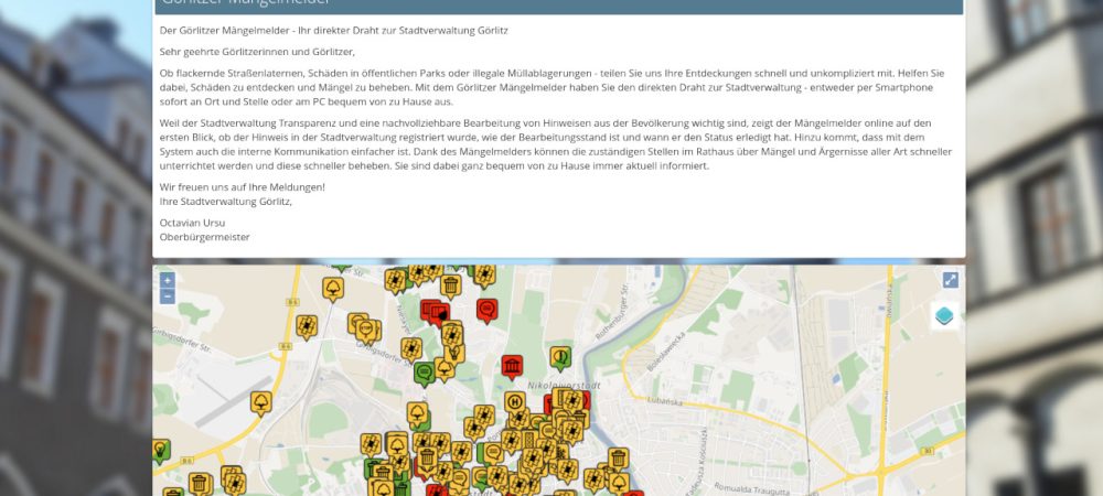 Screenshot Mängelmelder Görlitz. Das Anliegenmanagementsystem von wer|denkt|was ist in Görlitz seit 5 Jahren erfolgreich im Einsatz.