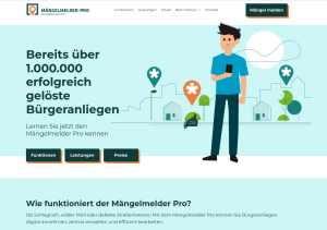 Screenshot der Website mängelmelderpro.de. Auf der Website wird das Anliegenmanagementsystem Mängelmelder Pro vorgestellt - die Software für das Anliegenmanagement in Kommunen.
