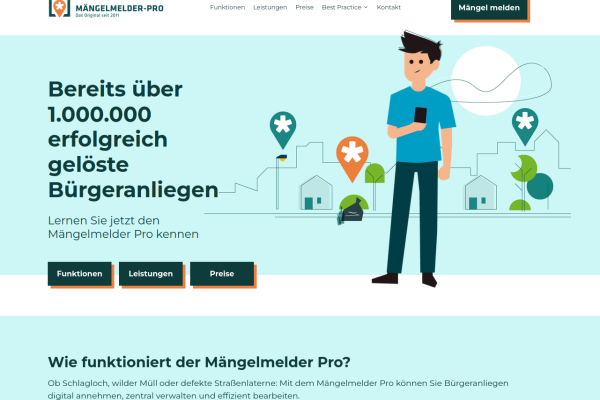 Screenshot der Website mängelmelderpro.de. Auf der Website wird das Anliegenmanagementsystem Mängelmelder Pro vorgestellt - die Software für das Anliegenmanagement in Kommunen.