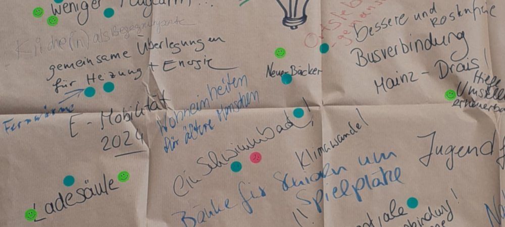 Brownpaper von einem Bürgerworkshop, der im Rahmen vom Zukunftskonzept Drais 2040 in Mainz-Drais stattfand. Darauf wurden Ideen für den Stadtteil geschrieben, z.B. Eisdiele, Ladesäule, Solarförderung, Kita, Neubaugebiete, E-Mobilität, Klimawandel, bessere Busverbindung
