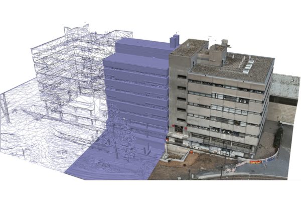 „Von der Punktwolke zum Modell“, digitale Abbildung der Realität, zu sehen ist links ein Polygongitter, in der Mitte ein Modell in Festkörperansicht, rechts ein Modell eines Gebäudes mit Textur. Das ist ein Teil vom BMBF-geförderten Projekt "DeineStadt". Bildquelle: High Vision