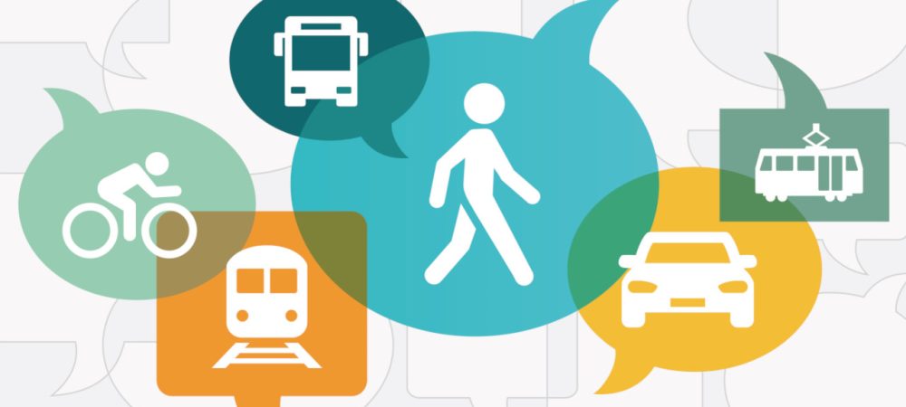 Mobilität, Mobilität der Zukunft, nachhaltige Mobilität - Icons mit Fahrrad, Bus, Bahn, Fußgänger, Auto, Tram; Konzepte für die Mobilität der Zukunft sollten Bürgerbeteiligung flankiert werden