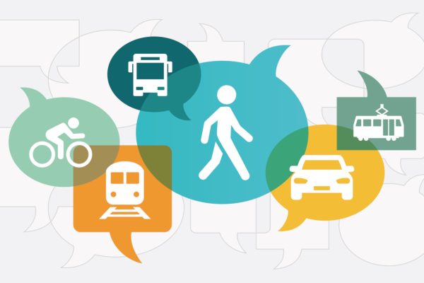 Mobilität, Mobilität der Zukunft, nachhaltige Mobilität - Icons mit Fahrrad, Bus, Bahn, Fußgänger, Auto, Tram; Konzepte für die Mobilität der Zukunft sollten Bürgerbeteiligung flankiert werden