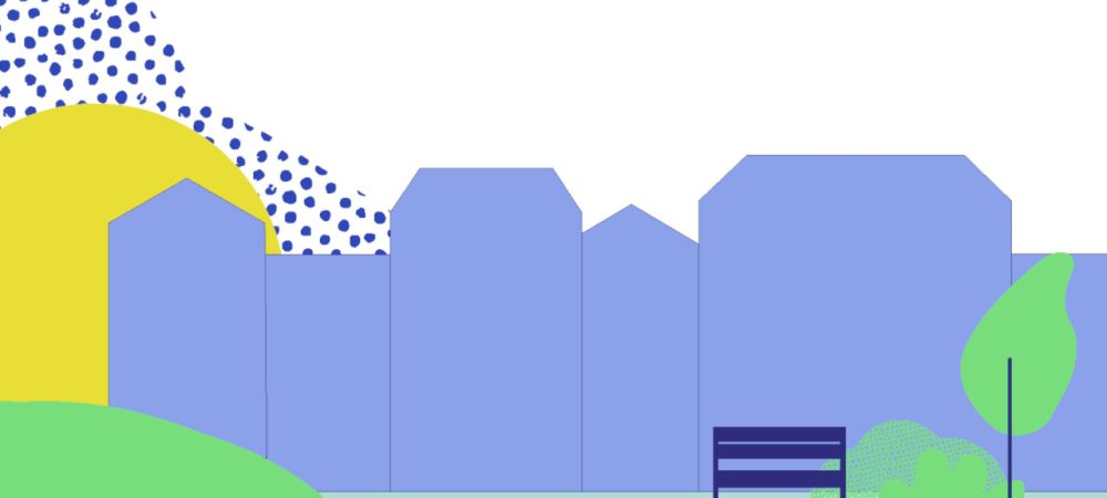 Grafik Innenstadt mit Häusersilhouetten, Parkbank, Wippe, Bäumen und Schwebebahn. Symbolbild für die geplante zukunftsfähige Weiterentwicklung und Online-Beteiligung zur InnenBandStadt in Wuppertal.