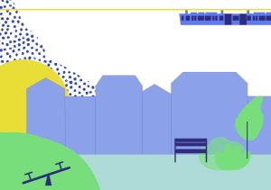 Grafik Innenstadt mit Häusersilhouetten, Parkbank, Wippe, Bäumen und Schwebebahn. Symbolbild für die geplante zukunftsfähige Weiterentwicklung und Online-Beteiligung zur InnenBandStadt in Wuppertal.