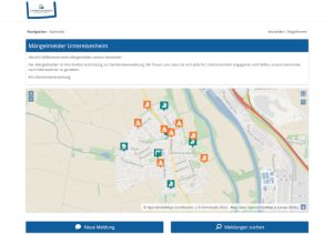 Screenshot vom Mängelmelder Untereisesheim. Die Gemeinde im Landkreis Heilbronn setzt zur effizienten Bearbeitung der Bürgeranliegen auf das Anliegenmanagementsystem der wer denkt was GmbH, den Mängelmelder Pro.