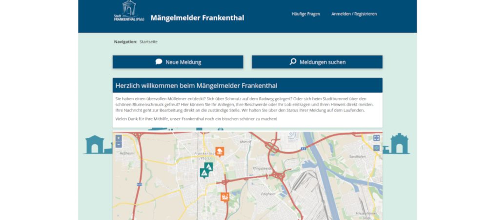 Screenshot vom neuen Mängelmelder in Frankenthal. Die Stadt in der Pfalz hat die Mängelmelder-Plattform eingeführt, um die Zusammenarbeit mit den Bürger:innen zu intensivieren. Bürgeranliegen können damit schnell an die Verwaltung kommuniziert und dank dem professionellen Anliegenmanagementsystem Mängelmelder Pro effizient bearbeitet werden.