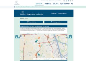 Screenshot vom neuen Mängelmelder in Frankenthal. Die Stadt in der Pfalz hat die Mängelmelder-Plattform eingeführt, um die Zusammenarbeit mit den Bürger:innen zu intensivieren. Bürgeranliegen können damit schnell an die Verwaltung kommuniziert und dank dem professionellen Anliegenmanagementsystem Mängelmelder Pro effizient bearbeitet werden.