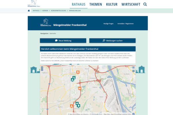 Screenshot vom neuen Mängelmelder in Frankenthal. Die Stadt in der Pfalz hat die Mängelmelder-Plattform eingeführt, um die Zusammenarbeit mit den Bürger:innen zu intensivieren. Bürgeranliegen können damit schnell an die Verwaltung kommuniziert und dank dem professionellen Anliegenmanagementsystem Mängelmelder Pro effizient bearbeitet werden.