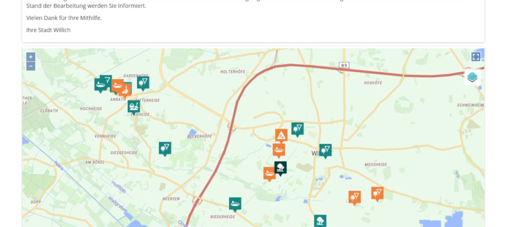 Screenshot vom Mängelmelder Willich; im Bild ist die digitale Anliegenkarte mit den bereits gemeldeten Bürgeranliegen und Hinweisen