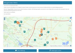 Screenshot vom Mängelmelder Willich; im Bild ist die digitale Anliegenkarte mit den bereits gemeldeten Bürgeranliegen und Hinweisen