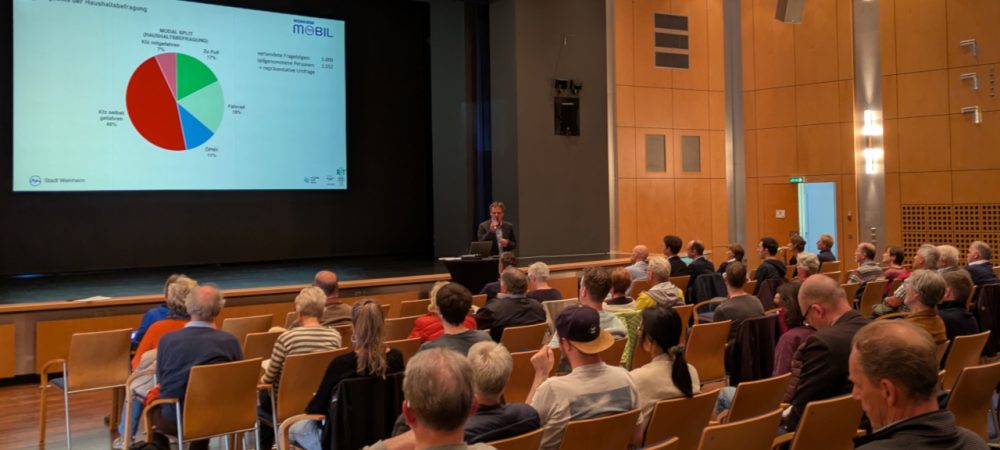 Teilnehmer:innen der Öffentlichkeitsveranstaltung am 6. Mai 2025 in der Stadthalle Weinheim. Die Veranstaltung fand zum Abschluss der Analysephase zum nachhaltigen Mobilitätsplan Weinheim 2040 statt.