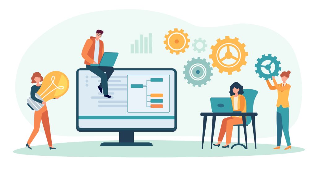 Business people working together in team. Office workers collaborating, woman generating ideas, man working on laptop Illustration zum Thema Evaluation; Person arbeitet am Laptop; Monitor mit Dokumenten; Zahnräder