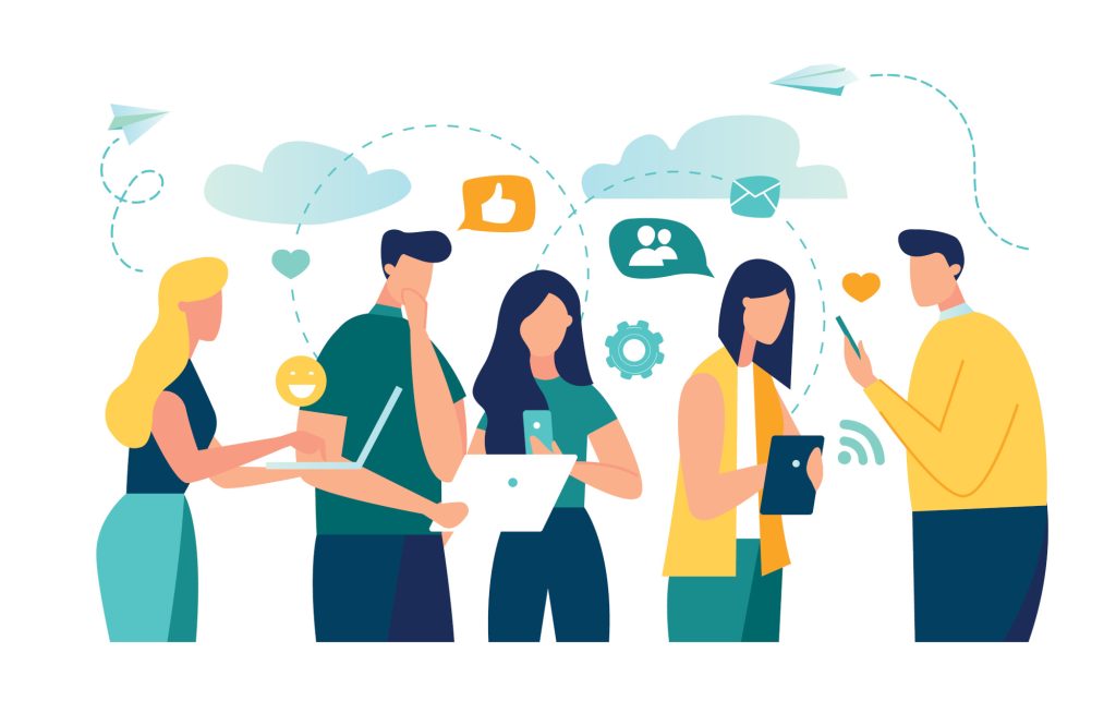Vector colorful illustration of communication via the Internet, social networking,chat, video,news,messages,web site, search friends, mobile web graphics Illustration für Öffentlichkeitsarbeit; Personen mit Tablet, Smartphone; E-Mails, Chat, Gespräche