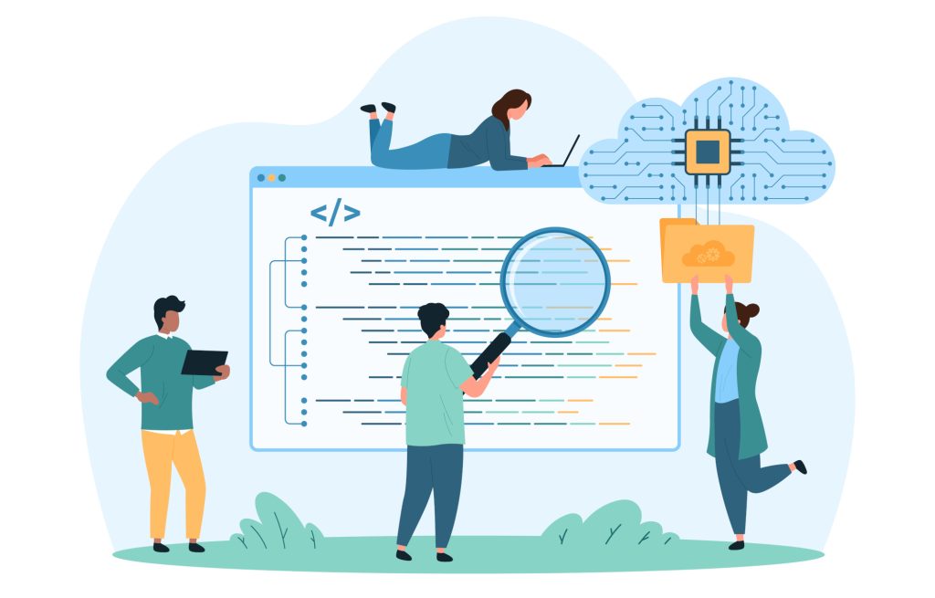 Coding with digital cloud platform, computing. Tiny people study software code with magnifying glass online, developers using web storage system for files and folders cartoon vector illustration Illustration von Open Source Software und KI-Nutzung; Quellcode, Lupe