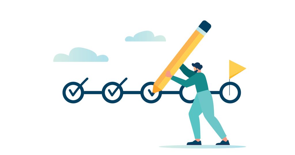 Project tracking, goals, task completion or checklist remind you of the concept of project progress, completed tasks on the project management scale, vector illustration Projektmanagement; Abhaken der einzelnen Teilprojekte; Person mit Stift