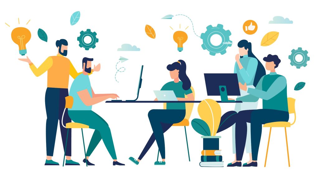 Group,Office,Workers,Work,Office,Or,Coworking,Space.,Tables,With Beratung; Konzeption; Teamwork; 5 Personen analysieren und beraten sich; Ideenentwicklung