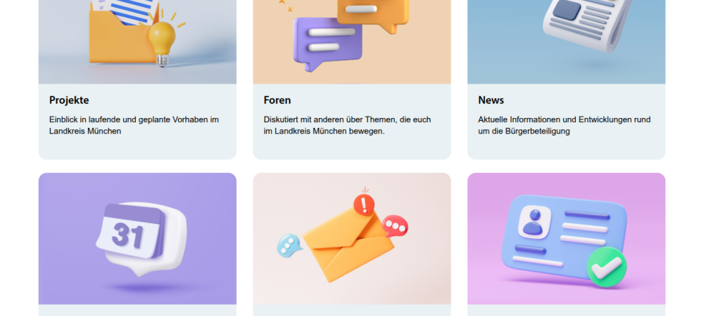 Screenshot der Beteiligungsplattform vom Landkreis München. Zu sehen sind die verschiedenen Module der Online-Plattform: Projekte, Foren, News, Kalender, Newsletter, Anmeldung zur aktiven Mitwirkung.