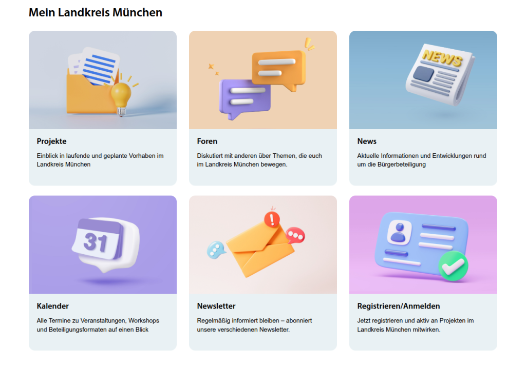Screenshot der Beteiligungsplattform vom Landkreis München. Zu sehen sind die verschiedenen Module der Online-Plattform: Projekte, Foren, News, Kalender, Newsletter, Anmeldung zur aktiven Mitwirkung.