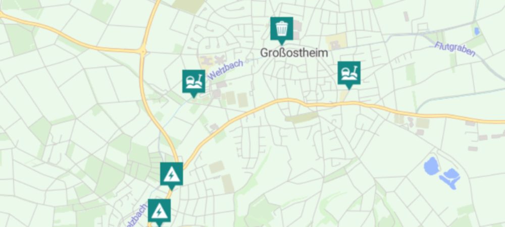 Anliegenkarte vom Mängelmelder Großostheim; Landkarte von Großostheim mit farbigen Markern zu gemeldeten Anliegen