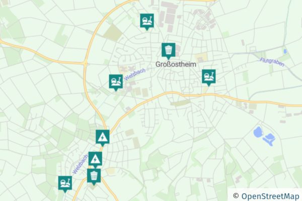 Anliegenkarte vom Mängelmelder Großostheim; Landkarte von Großostheim mit farbigen Markern zu gemeldeten Anliegen