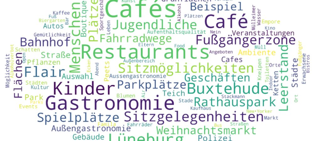 Wortwolke aus dem Abschlussbericht zur Weiterentwicklung der Buchholzer Innenstadt. Lesbar sind u.a. folgende Wünsche für die Innenstadt: Restaurants, Cafe, Bekleidung, Jugendliche, Bars, Spielplatz.