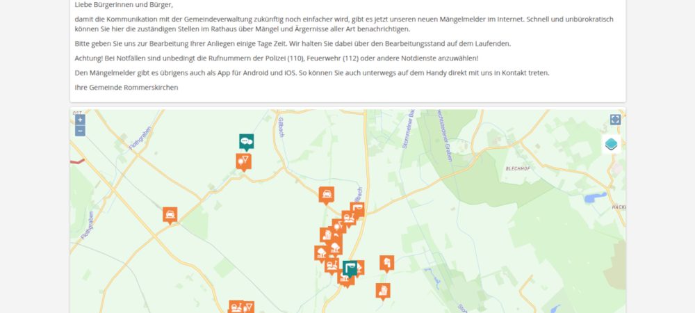 Screenshot vom neuen Mängelmelder Rommerskirchen. Zu sehen ist die öffentliche Anliegenkarte mit den bereits eingereichten Hinweisen der Bürger.